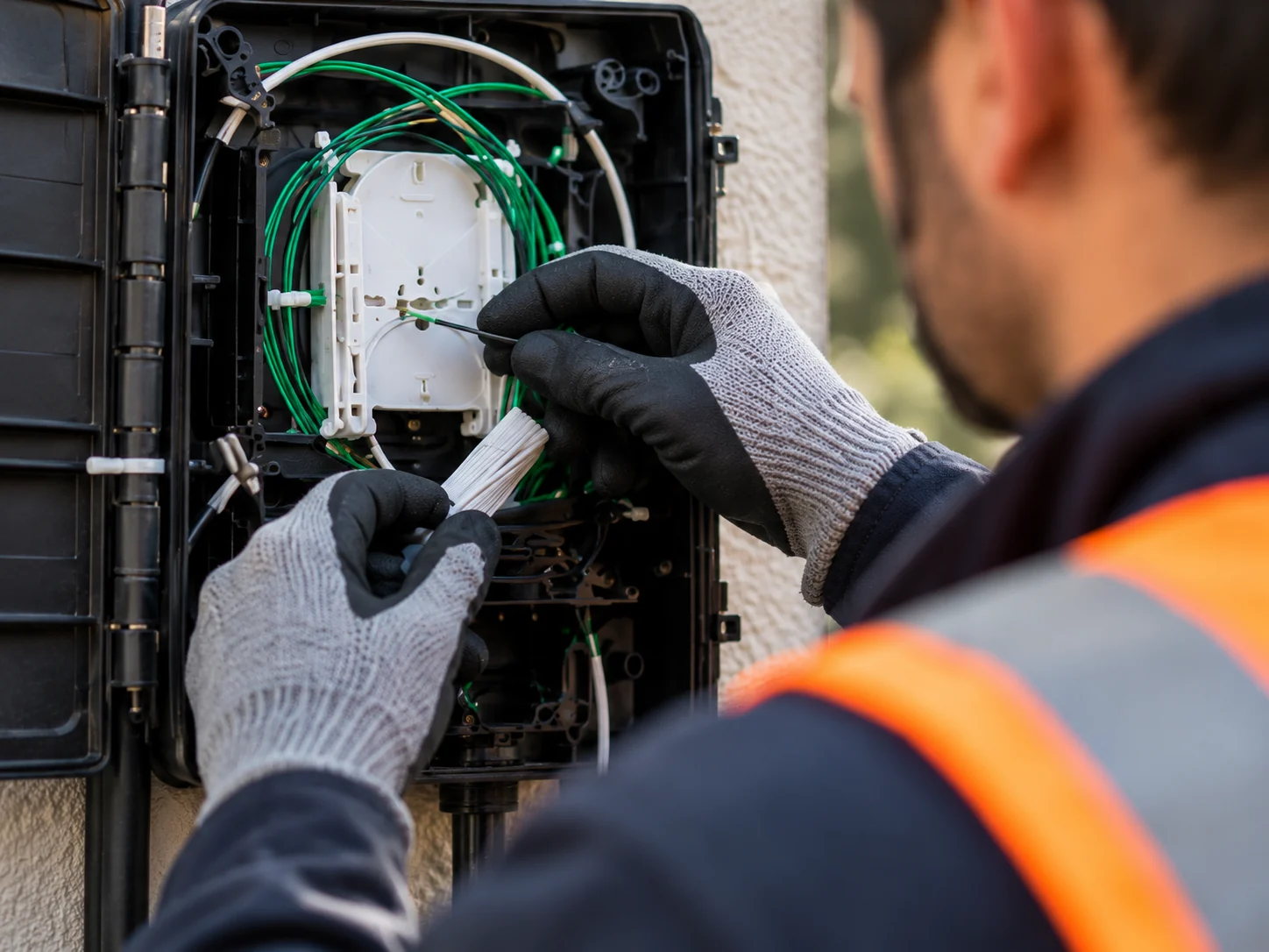 Geste technique sur un boîtier fibre, photographie illustrative