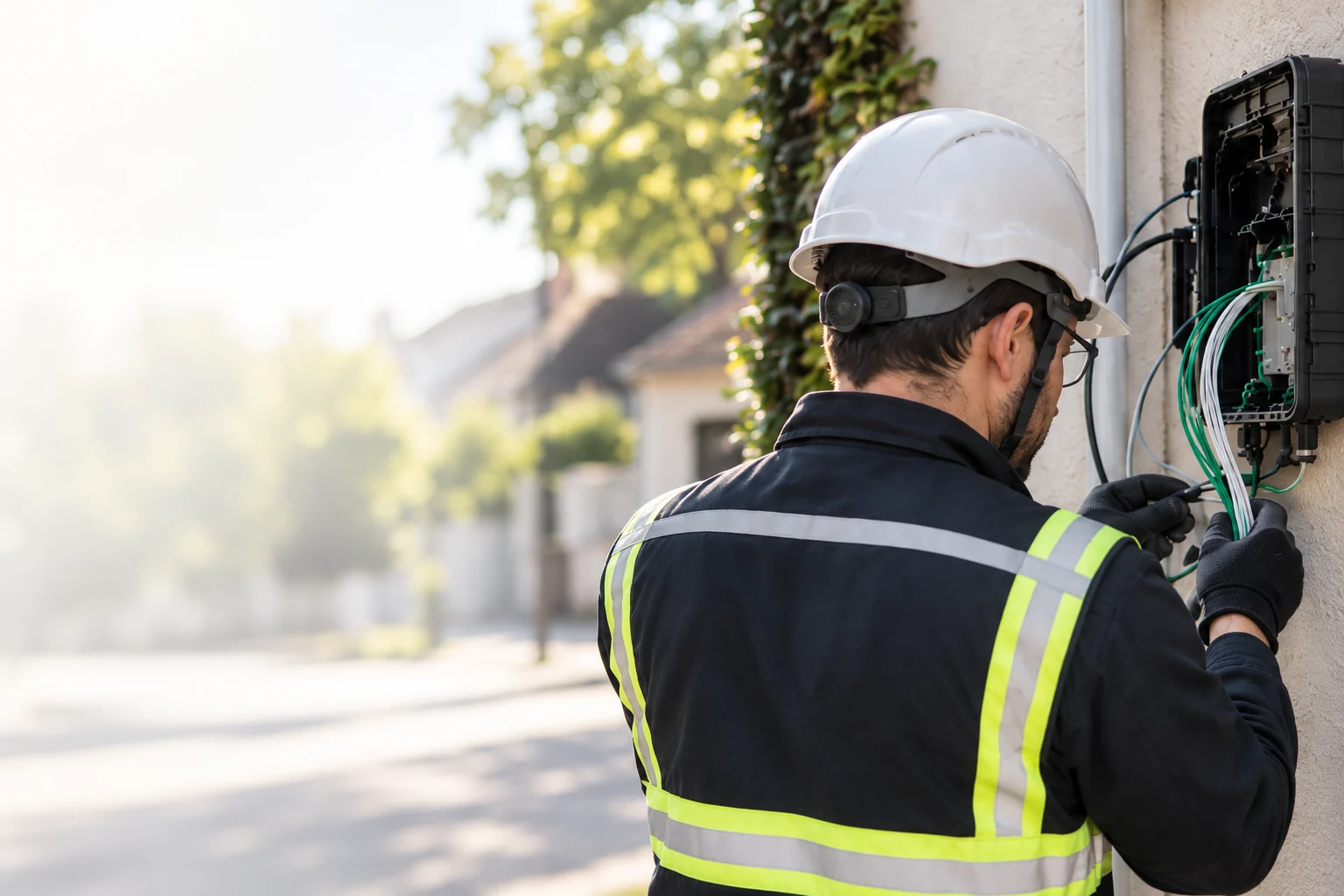 Illustration d’un technicien travaillant sur un réseau fibre
