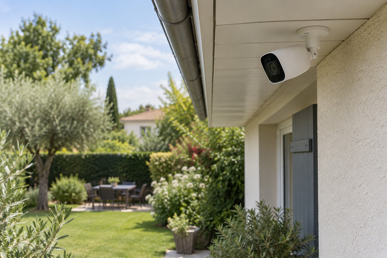 Caméra installée sous l'avant-toit d'une maison, photographie illustrative