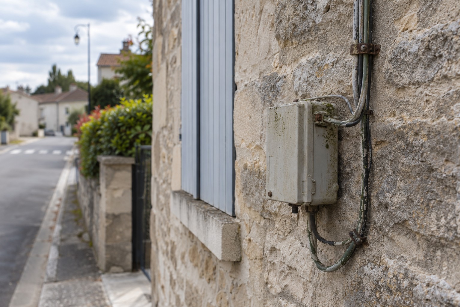 Arrivée d'un ancien réseau télécom sur une façade, photographie illustrative