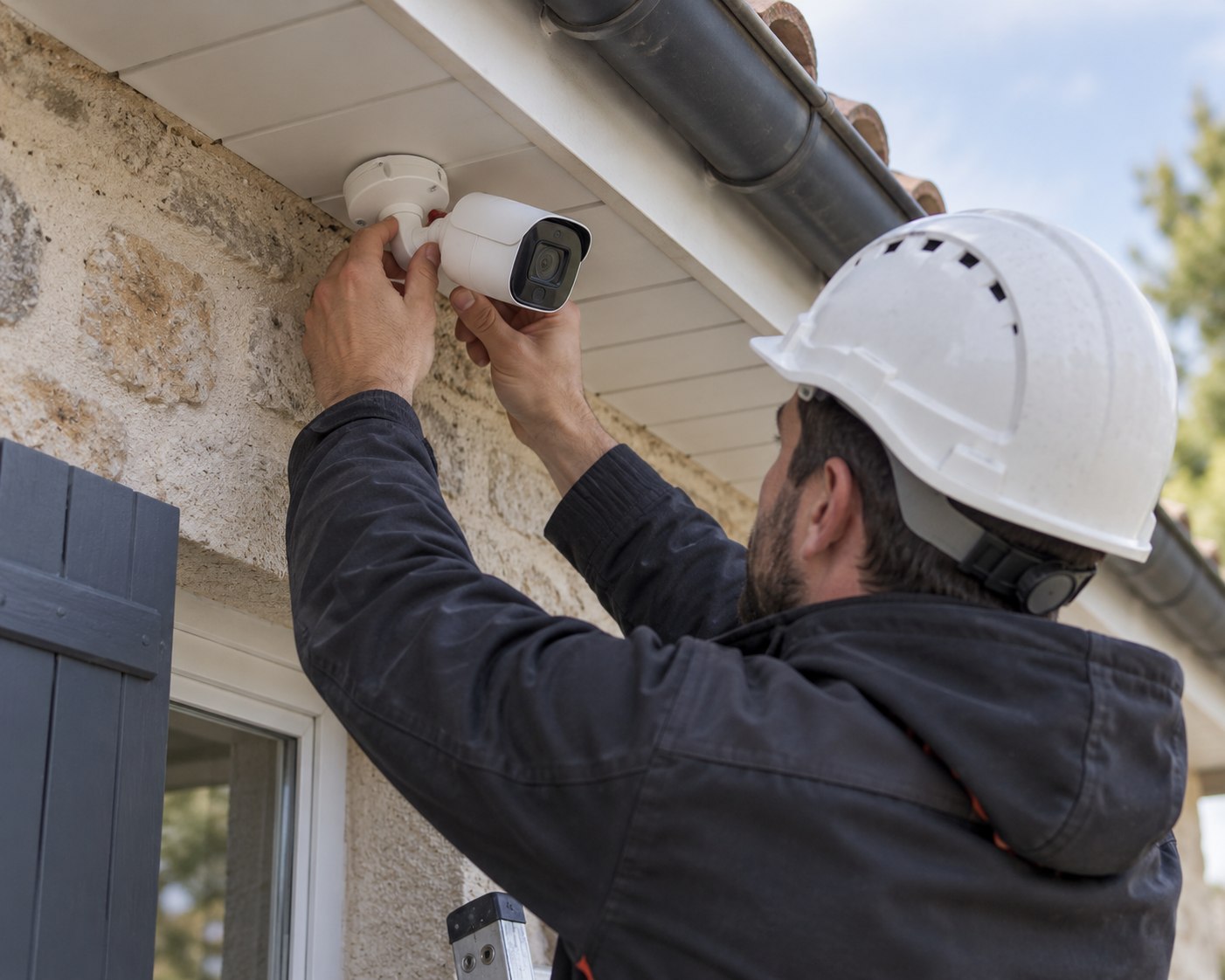 Technicien installant une caméra de vidéosurveillance